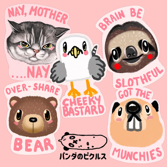 STICKER PACK; BEAVER, SLOTH, SEAGULL, CAT & BEAR.